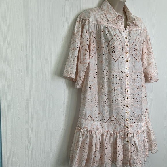 Miss June Paris - Louisa Boho Light Pink Embroidered Gold Buttons Mini Dress S/M - Picture 4 of 13
